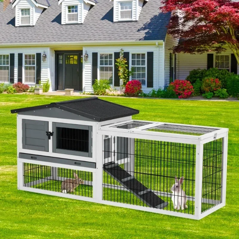 

Rabbit Hutch Outdoor Rabbit Cage with 2-Level Area, Waterproof Roof, 4 Access Doors, Non-Slip Ramp Guinea Pig Cages Chicken Coop