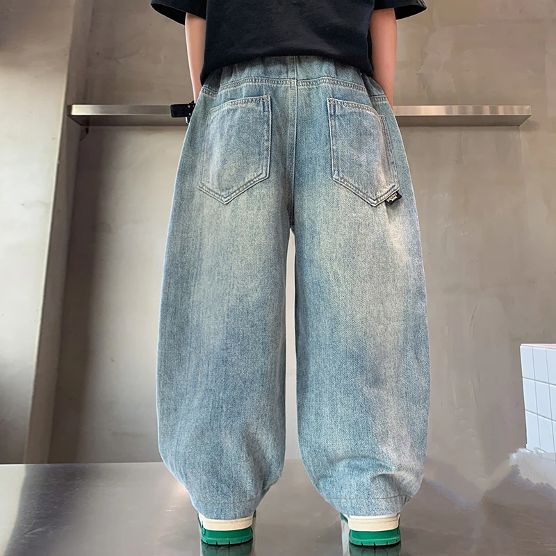 Fashion Kids Boy American Vintage Wash Distressed Ripped Jeans With Drawings Child High Street Casual Scratch Jeans Denim Pants