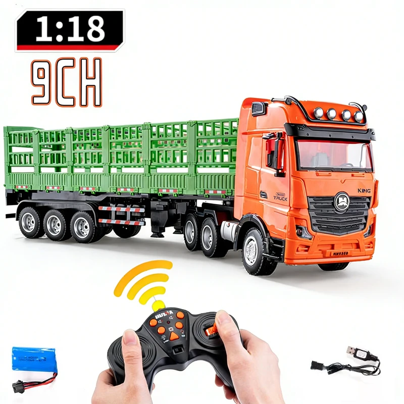 Caminhão de Controle Remoto Huina RC Modelo 9 Canais 1:24, Veículo de Engenharia em Liga, Carro de Controle Remoto 2.4G, Brinquedo de Reboque para Presentes de Meninos ﻿