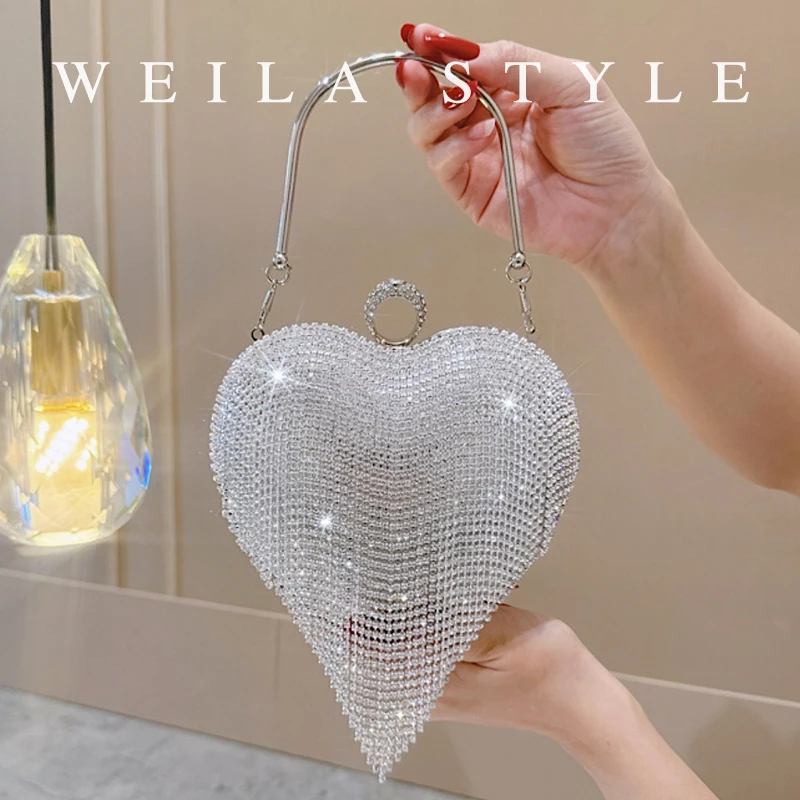 

Heart-Shaped Rhinestone Clutch Luxury Tassel Evening Purse, Diamond Wedding Party Handbag, Silver Gold Handle