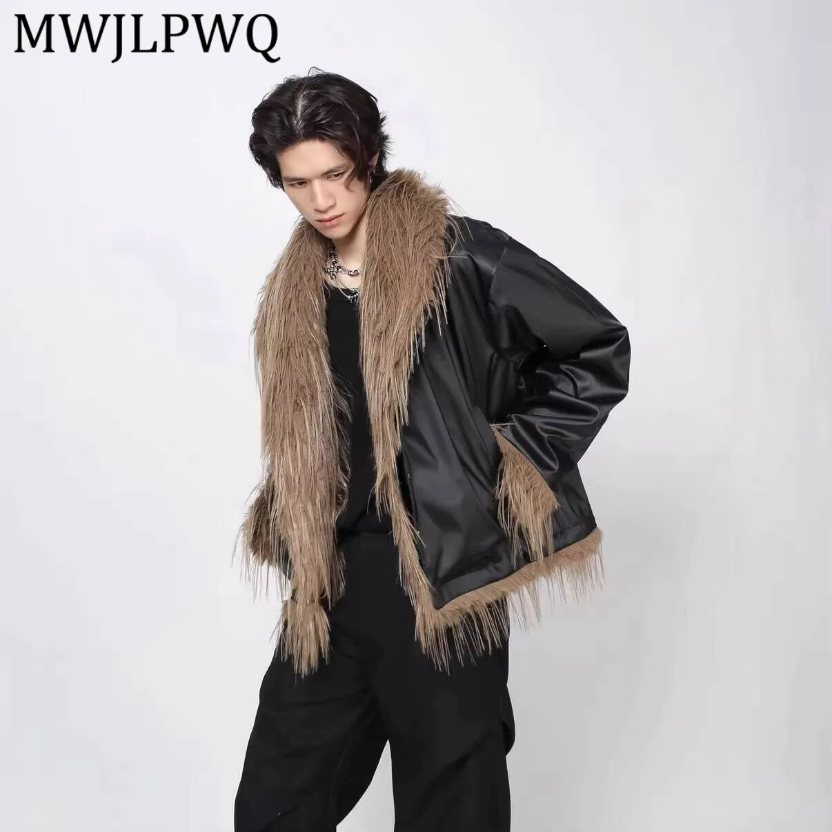

MWJLPWQ Fur Collar One-Piece Leather Cotton Coat Men‘s High Street American Style Oversized High-End Trendy Tops Winter 21845