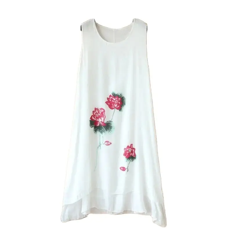 

Retro Fashion Cotton Linen Dress Women Dress Vestidos 2023 New Summer Sleeveless Printed Vest Dressed Bottoming Suspenders Dress