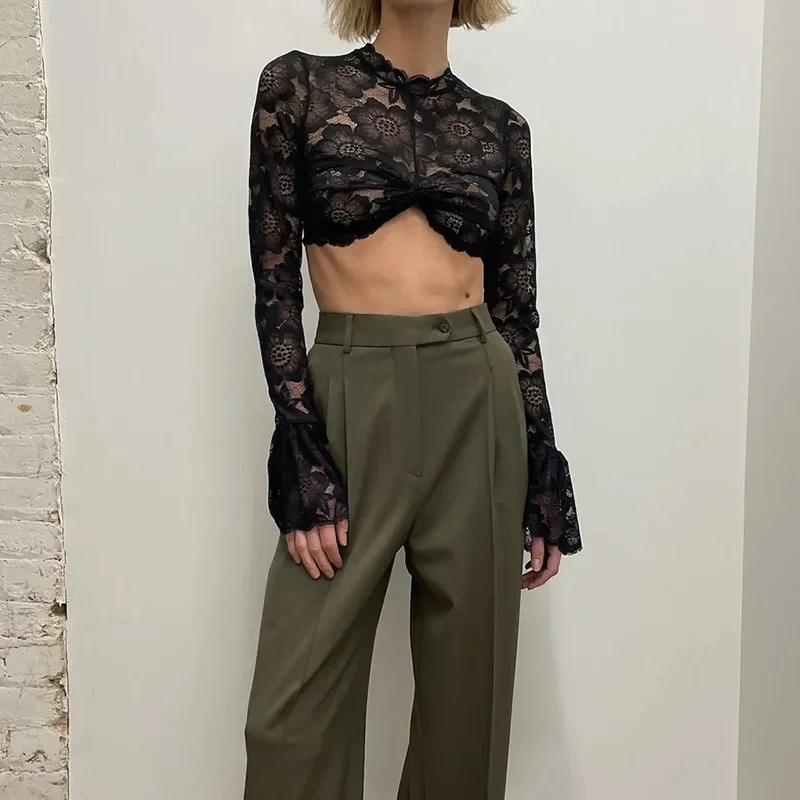 See Throught Lace Short T shirt Hot Girl Sexy Slim Long Sleeve Tanks Fashion Club Party Casual T shirt Flare Sleeve Y2K