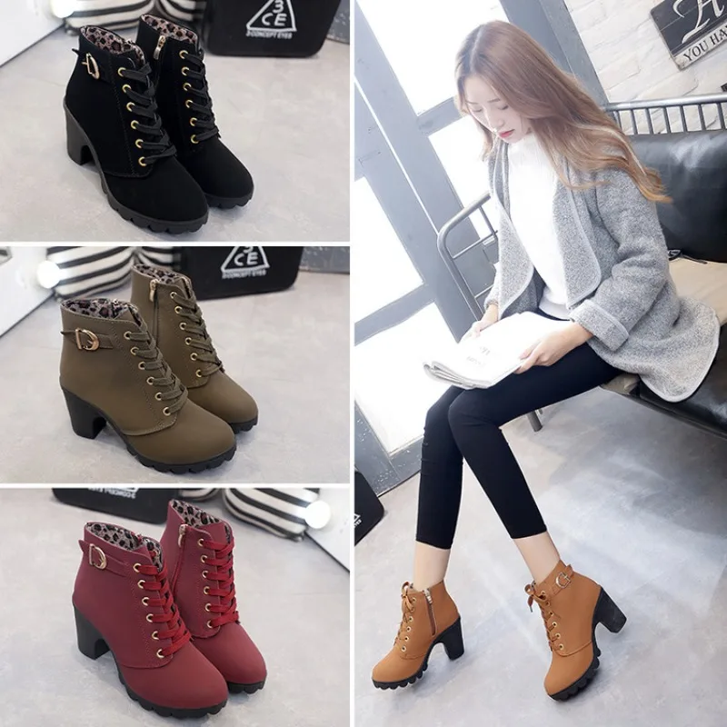 High-heeled Square Heel Casual Women's Boots Round Toe Side Zipper Lace-up Ladies Shoes Retro Belt Buckle Large-size Short Boots