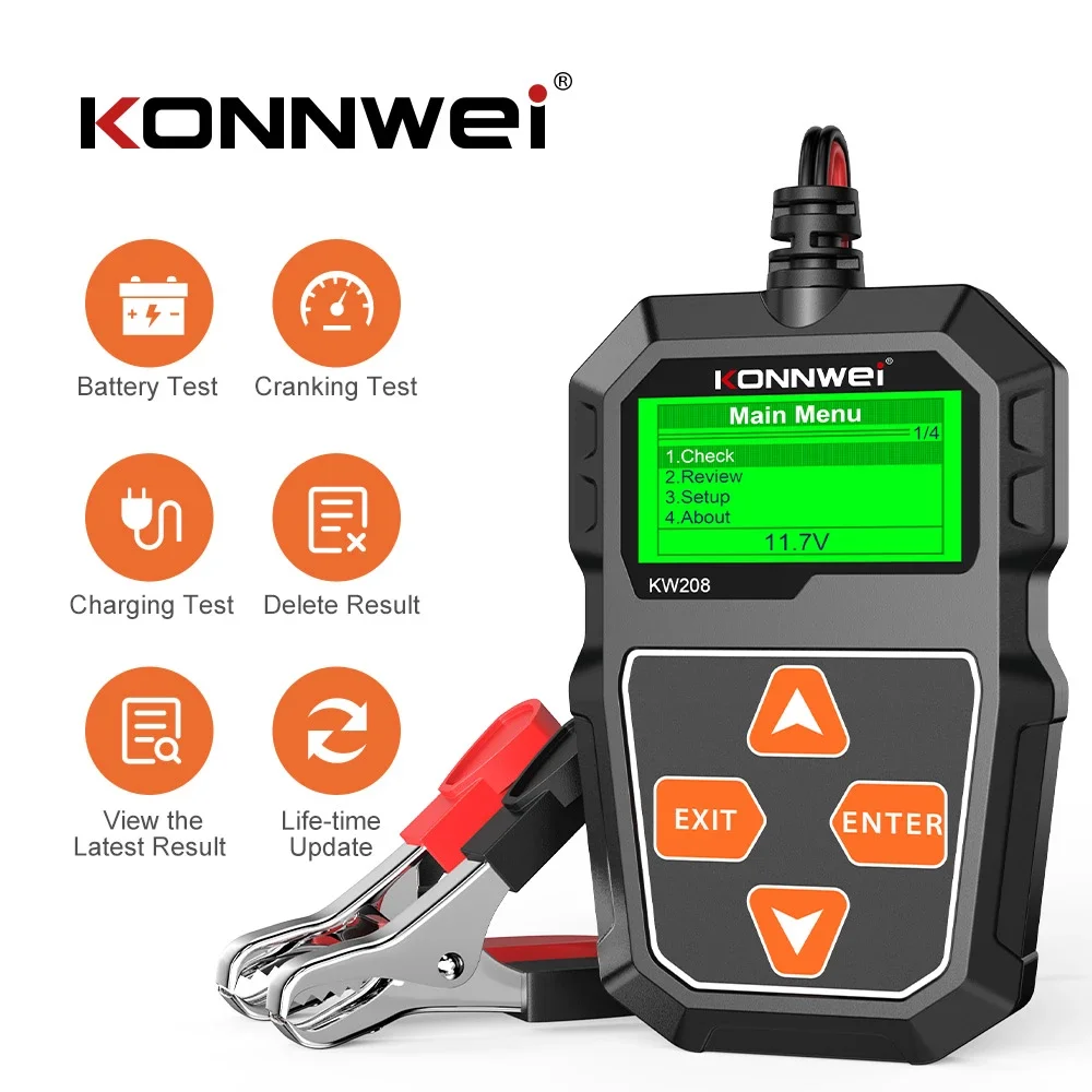 

KONNWEI KW208 Car Battery Tester 12V Motorcycle Battery Analyzer 100-2000 CCA Power Load Plug Charging Cranking System Test