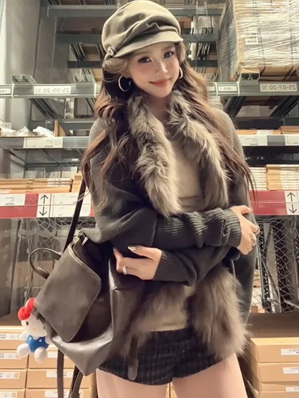 

Женская трикотажная свободная верхняя одежда, осень-зима, воротник из искусственного меха, повседневная, с длинным свеком-стойкой