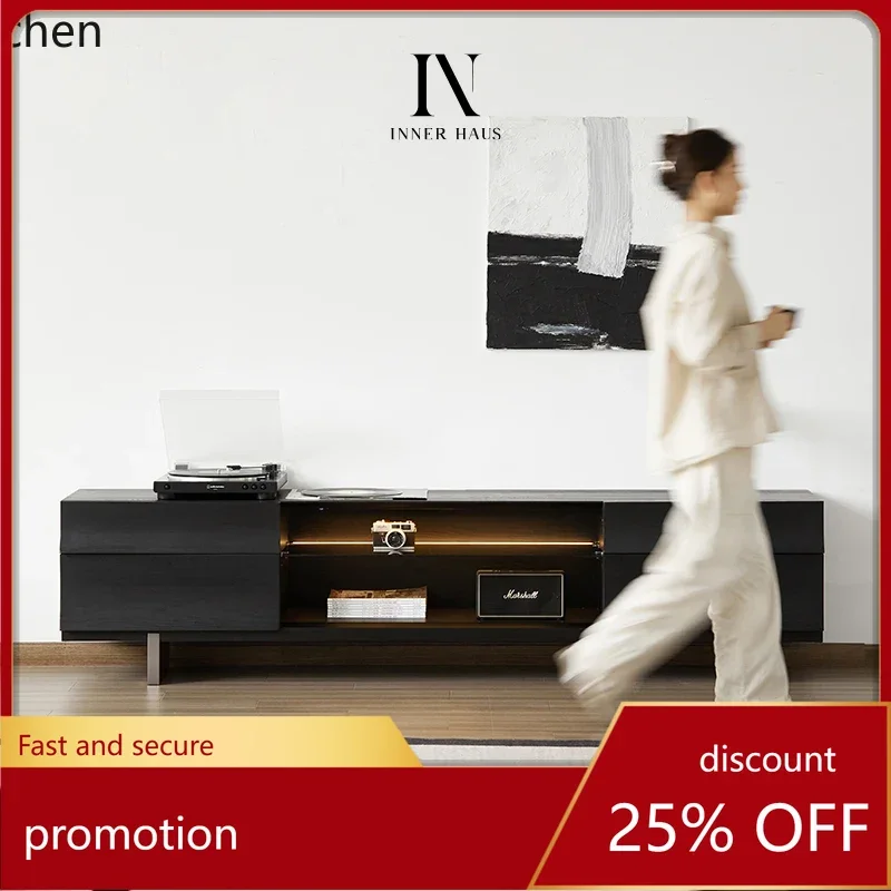 

HXL black solid wood TV cabinet floor-to-ceiling living room minimalist retro storage locker integrated