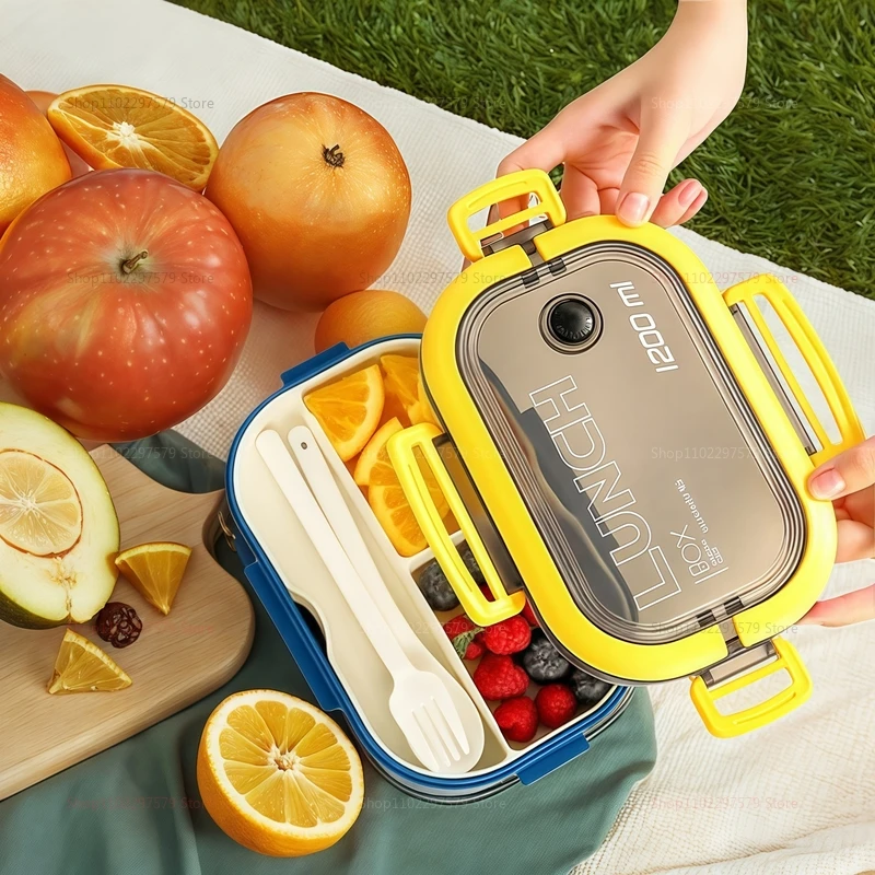 صندوق غداء بينتو محمول بطبقة مزدوجة مانع للتسرب مع أدوات مائدة وآمنة للاستخدام في الميكروويف وحاوية تخزين طعام الأطفال وإكسسوارات المطبخ