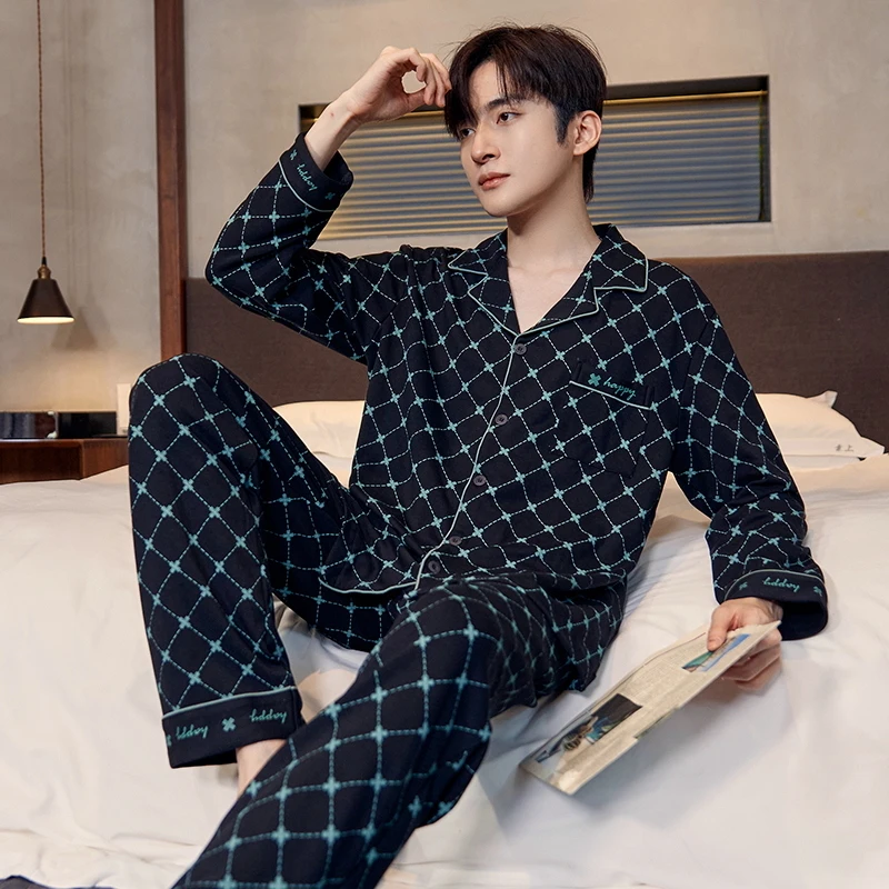 High Quality Men Pajamas Set 100% Cotton Turn-down Collar Sleepwear Male Long Sleeve Pyjamas