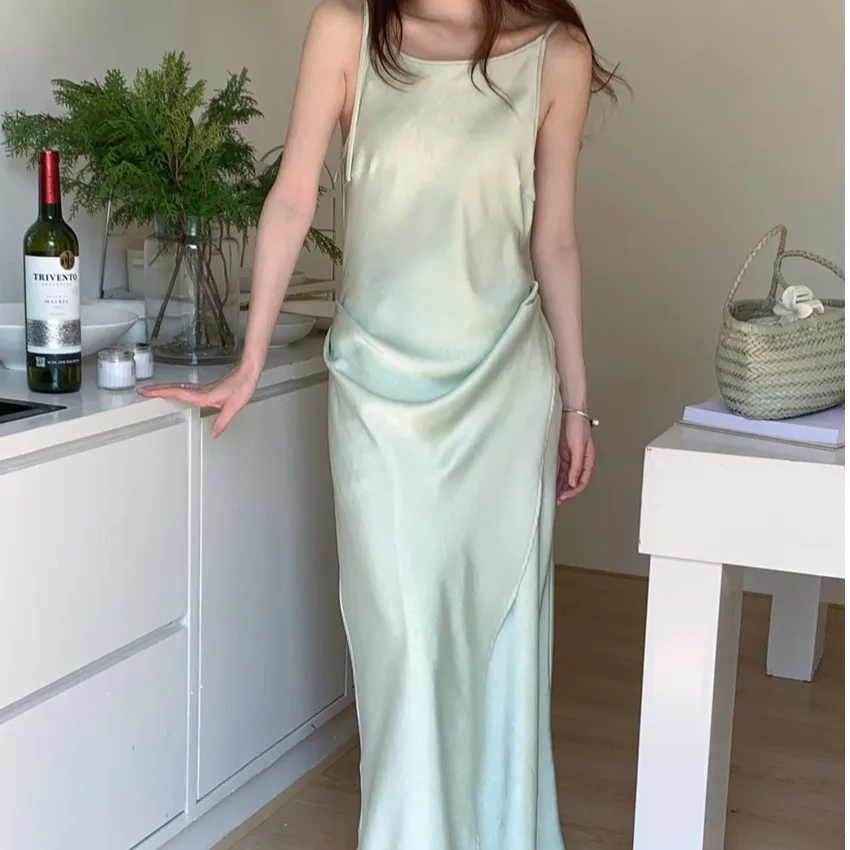 Été soie Satin enveloppement taille Strapl Dr femmes Faion Ele jupe plissée évider Ne longue robe t-shirt couleurs