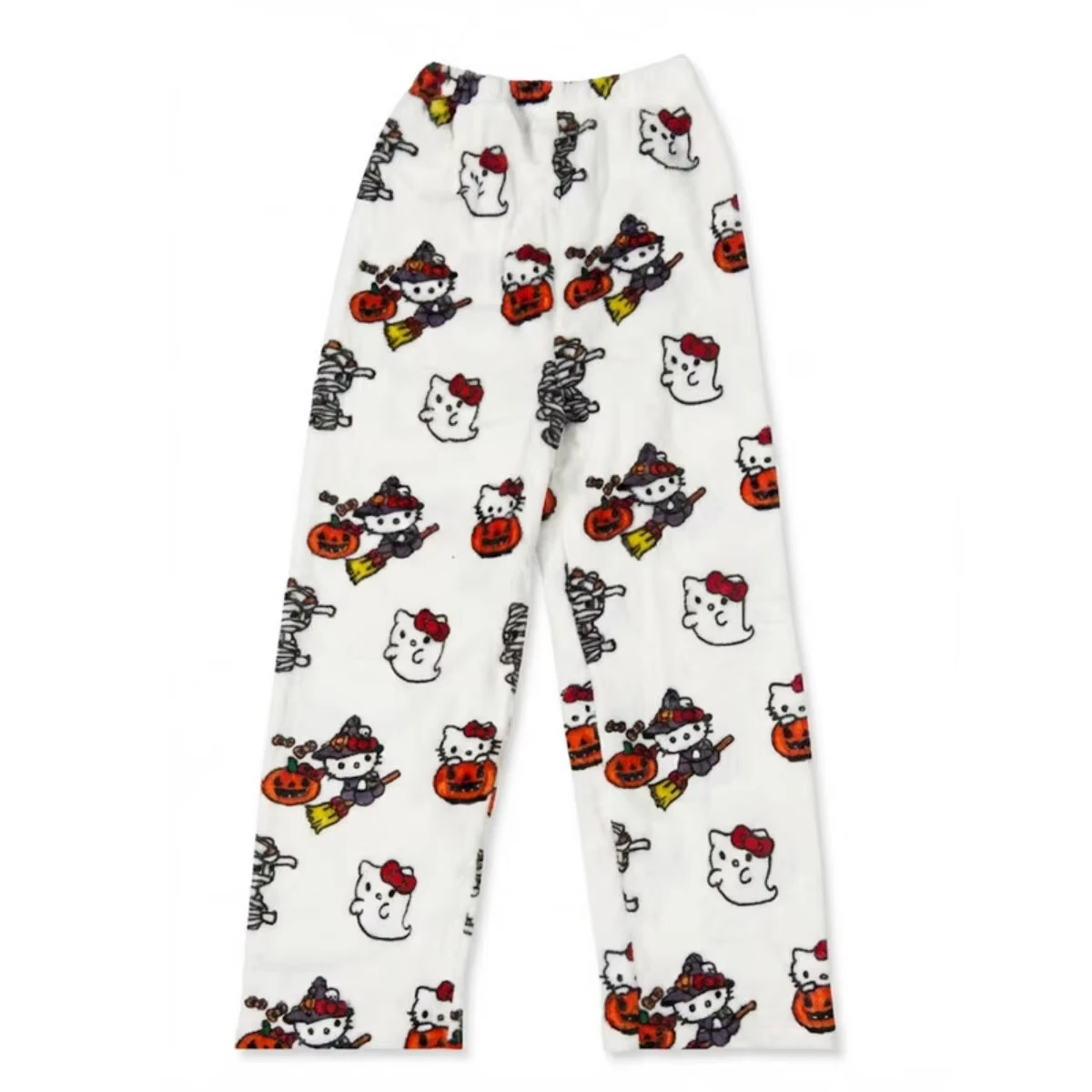 Hello Kitty Halloween Print Men Women Flannel Sleep Pants Pumpkin Ghost Pattern Elastic Waist Warm Fluffy Home Pajama Bottoms