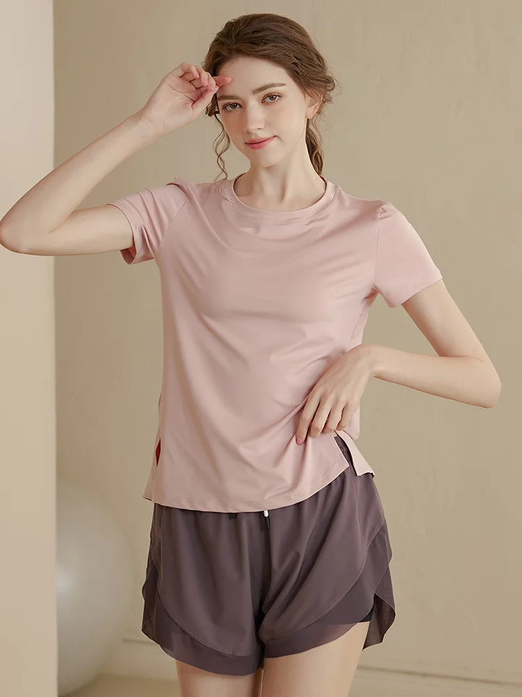 

Женская футболка для йоги с коротким рукавом, тонкая, летняя, быстросохнущая, спортивная, из шелковой смеси, простой дизайн