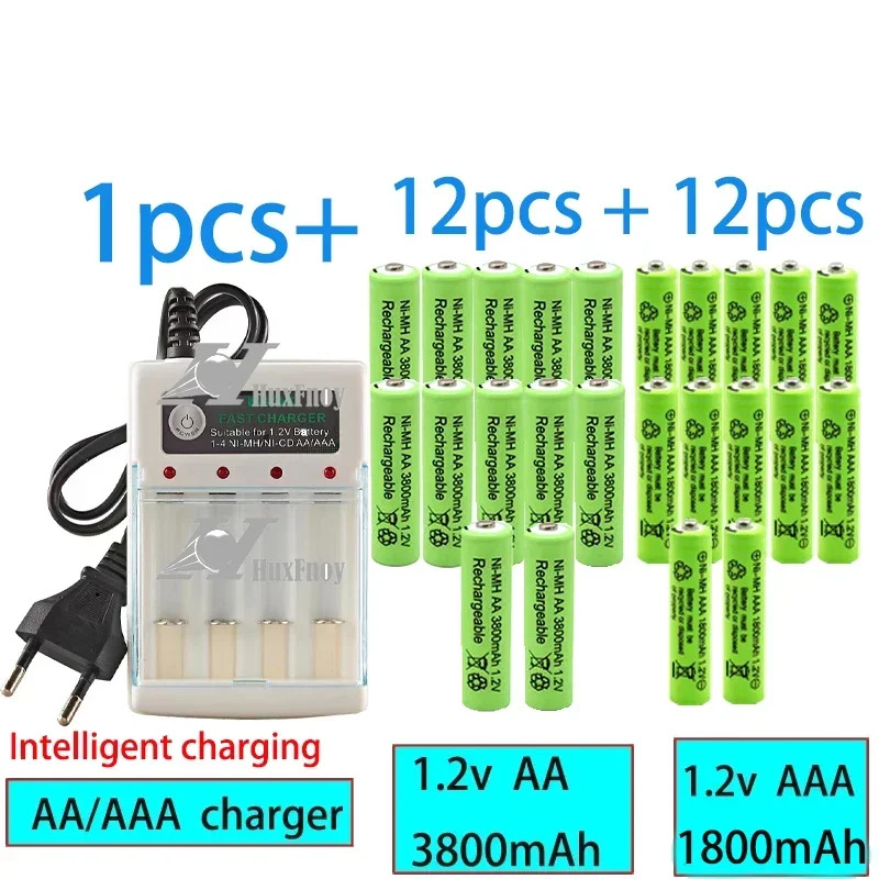 Long Lasting AAA Rechargeable Batteries, 1.2V aaa 1800mAh, 1.2V AA3800mAh  Ni-MH Battery for Microphone and Camera with Charger