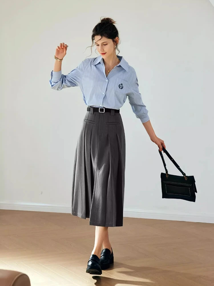 Olrain saia plissada feminina 2025 outono sólido a linha saia longa moda commute mulher saias elegante senhora do escritório o23db89262