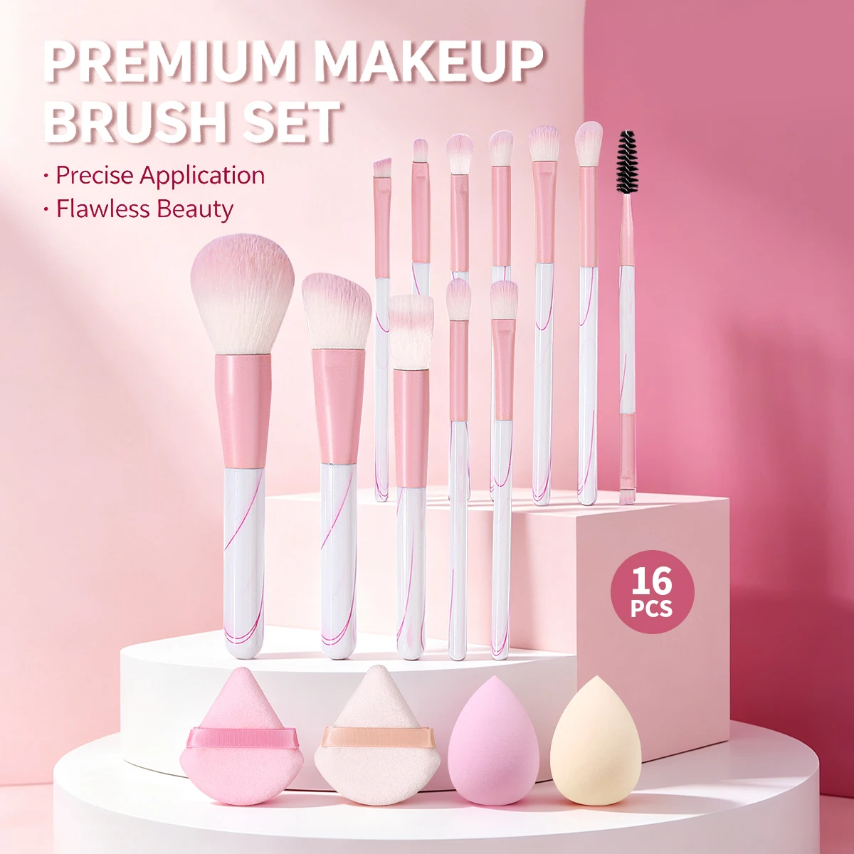 16Pcs Pink Makeup Brush Set,for Foundation, Blush, Eyeshadow, Contour, Complete Beauty Kit for Makeup Beginners