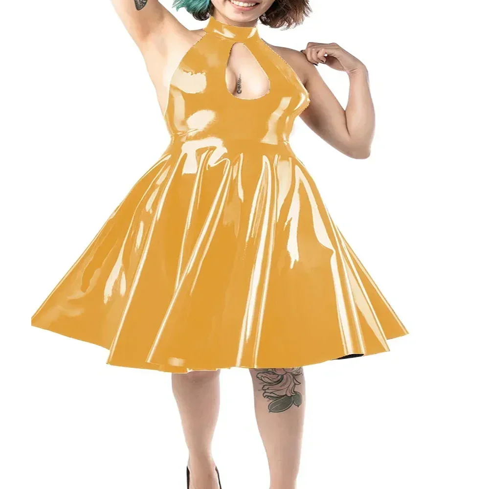 

Plus Size Female Halter Sleeveless Dresses Sexy Backless Hollow Out Vestido Glossy PVC Lather Bodoycon Dress Club Stage Apparel