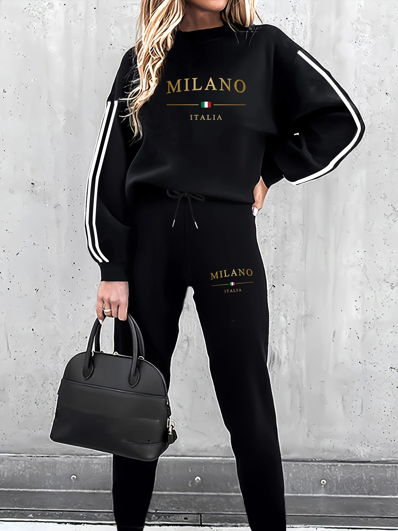 Personalized Printed Long-Sleeve Classic Two-Stripe Set, Loose Fit Sweatshirt, Jogging Pants, Casual, Relaxed, Comfortable Crew Neck Pullover, Crew Neck Sweatshirt + Wide-Leg Pants Two-Piece Set for Autumn and Winter, Office and Home Wear, Women's Clothing