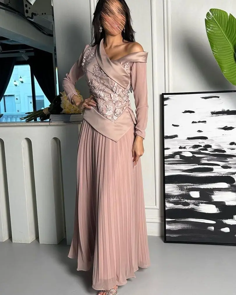 

Appliques Off Shoulder Prom Dresses Long Sleeves Pleated A-Line Saudi Arabia Women Evening Dress Party Gown فساتين مناسبة رسمية