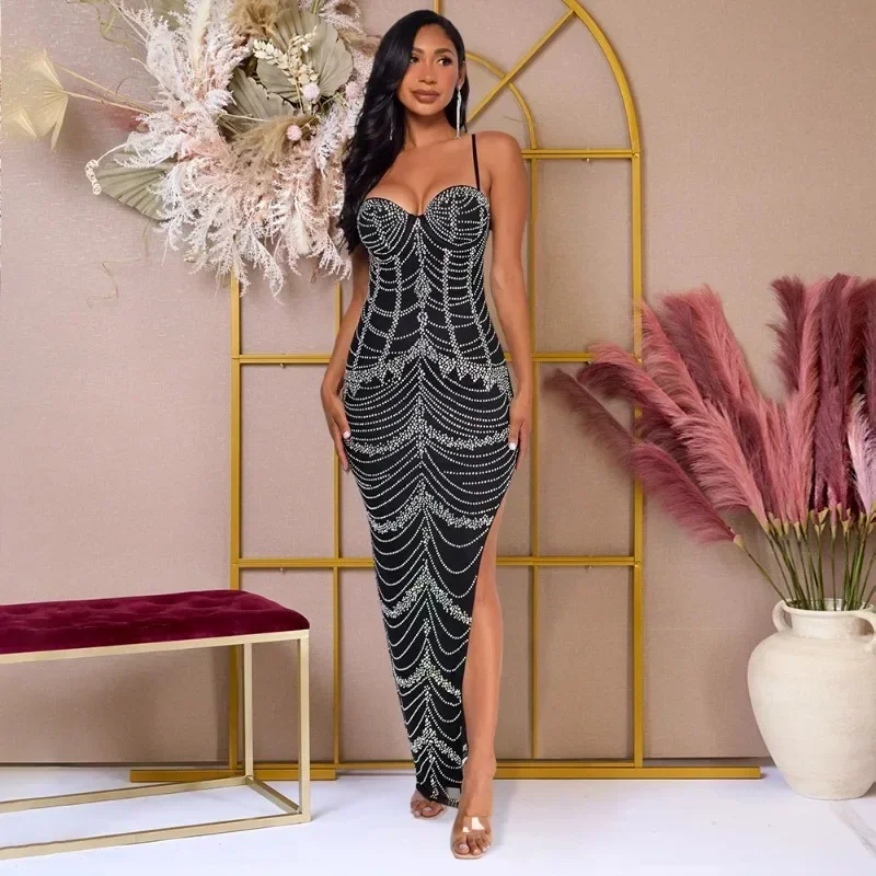 

GUWU Sparkly Rhinestones Nightclub Party Long Dresses Women Luxury Evening Strap Side High Split Formal Prom Maxi Dress
