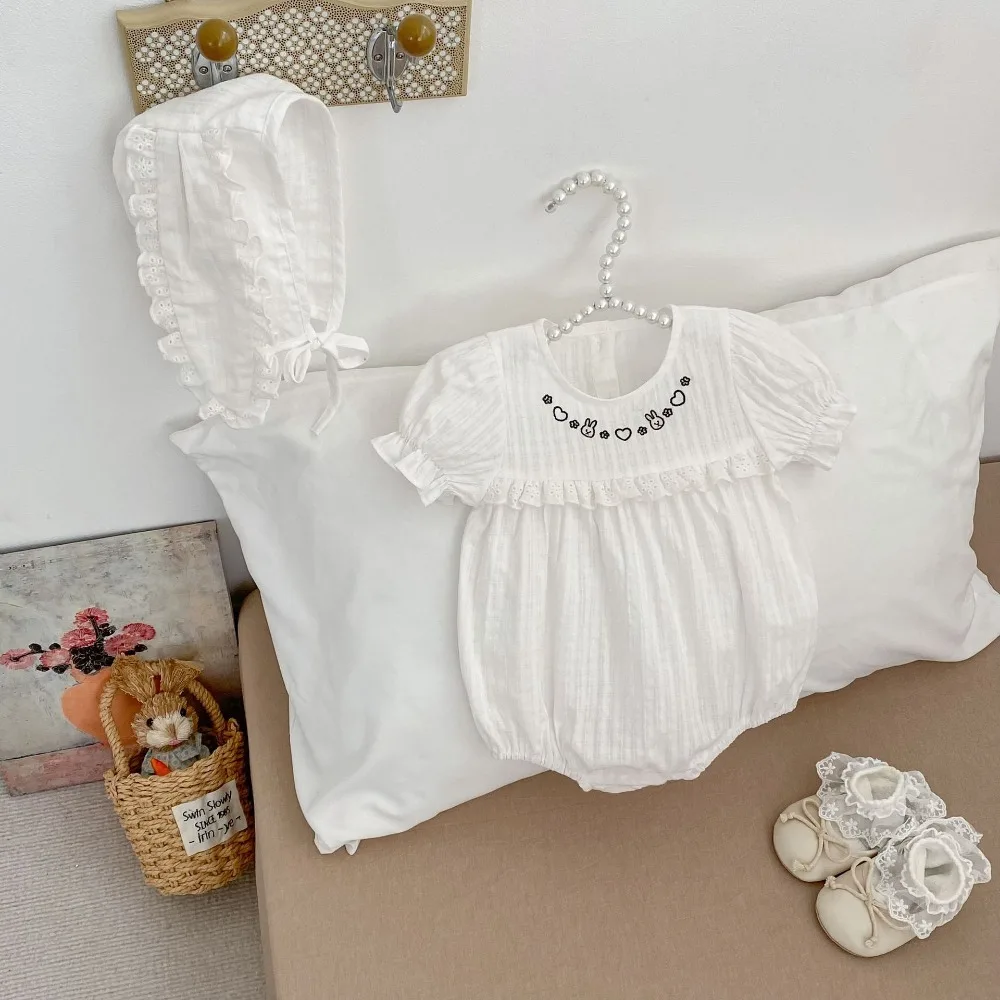 

2026 Summer Baby Girl Romper 0-2Years Cute Newborn Infant Short Sleeve Rabbit Embroidery Cotton Bodysuit Hat 2PCS Outfit Clothes