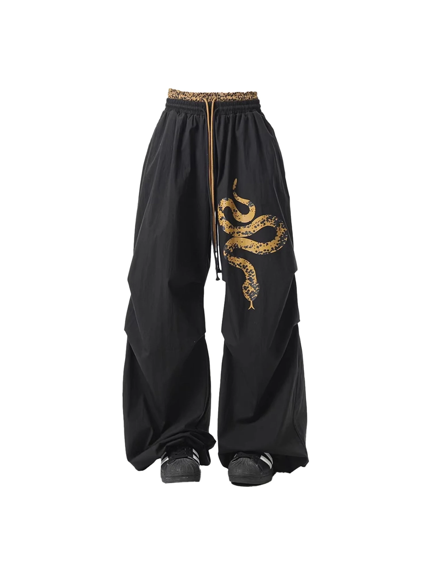 

Women's Y2K Streetwear Oversized Baggy Pants Black with Snake Print Drawstring Wide Leg Trousers Casual Fashion Pants