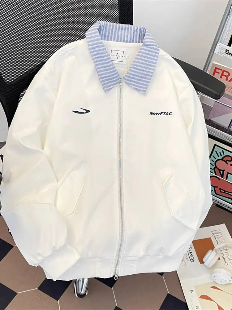 Unisex Autumn Jacket Vintage Embroidered Fake Two Piece Collared Baseball Coat Color Block Contrast Paneled Outerwear