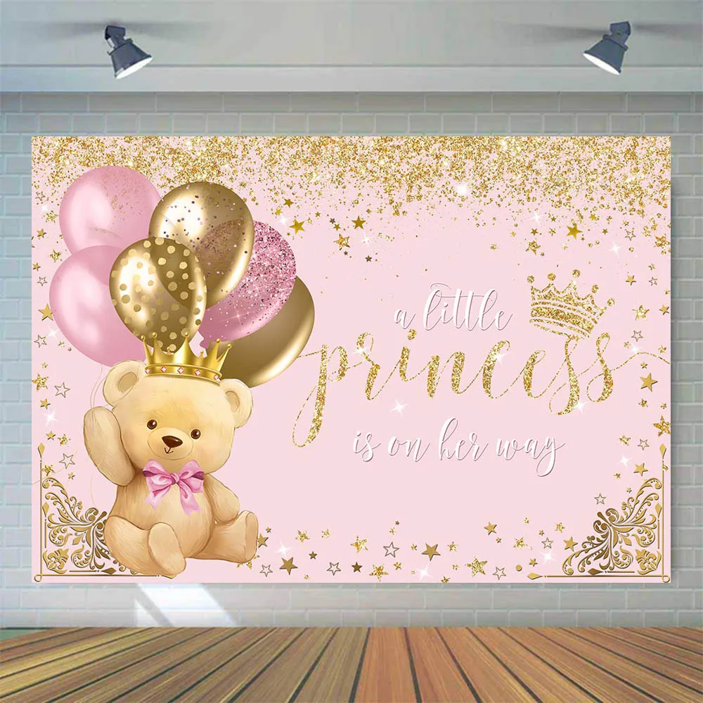 Mocsicka Baby Shower Backdrop Royal Princess Little Bear Crown Pink Girl Welcome Party Background Decor Custom Banner Photoshoot