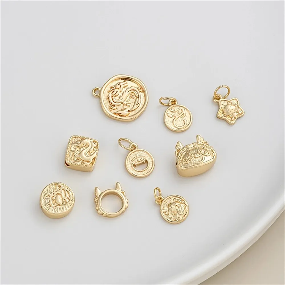 

14K Gold-plated Zodiac Year of The Dragon Bead Accessory, Faucet Bead Ring Pendant, Diy Handmade Bracelet Accessory Material