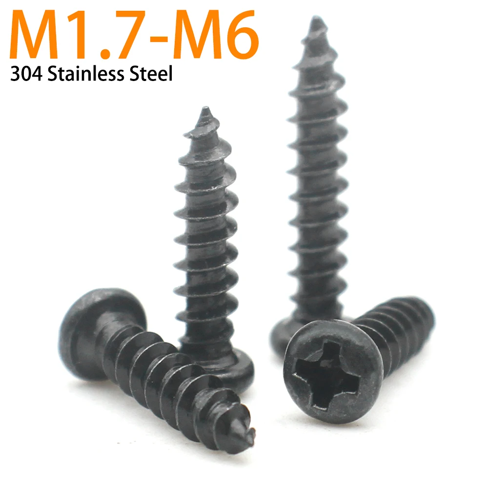 10-50pcs M1.7 M2 M2.3 M2.6 M3 M4 M5 M6 Mini Black Zinc Plated 304 Stainless Steel Cross Phillips Pan Head Self-tapping Screw