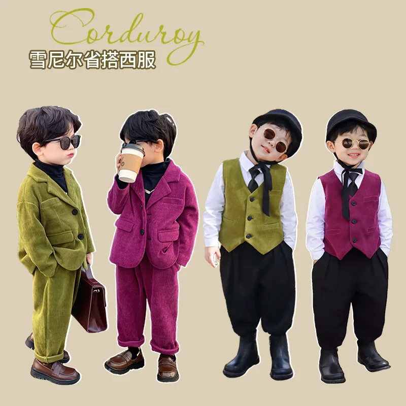 Children Clothing Boys Small Suit Set Spring 2024 New Western-style Korean Version Children Casual Suit Corduroy Set Trend