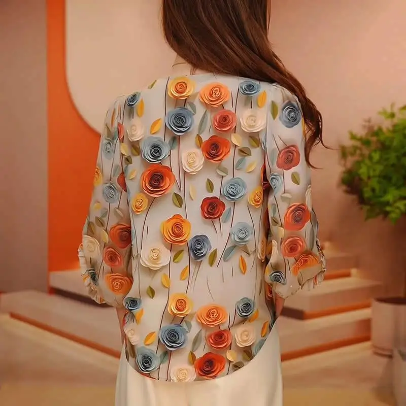 Large Size Spring Autumn Temperament V-Neck Shirt Female Fashion Vintage Floral Contrast Color Button Office Lady All-match Tops