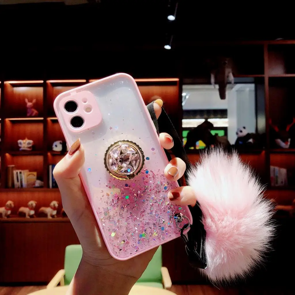 Gradient Sequins Glitter Case For OPPO A7 A5s A3s A31 A5 A11x A9 A53 A32 A72 A92 A33 Realme C15 C12 Soft Stand Cover Fuzzy Ball