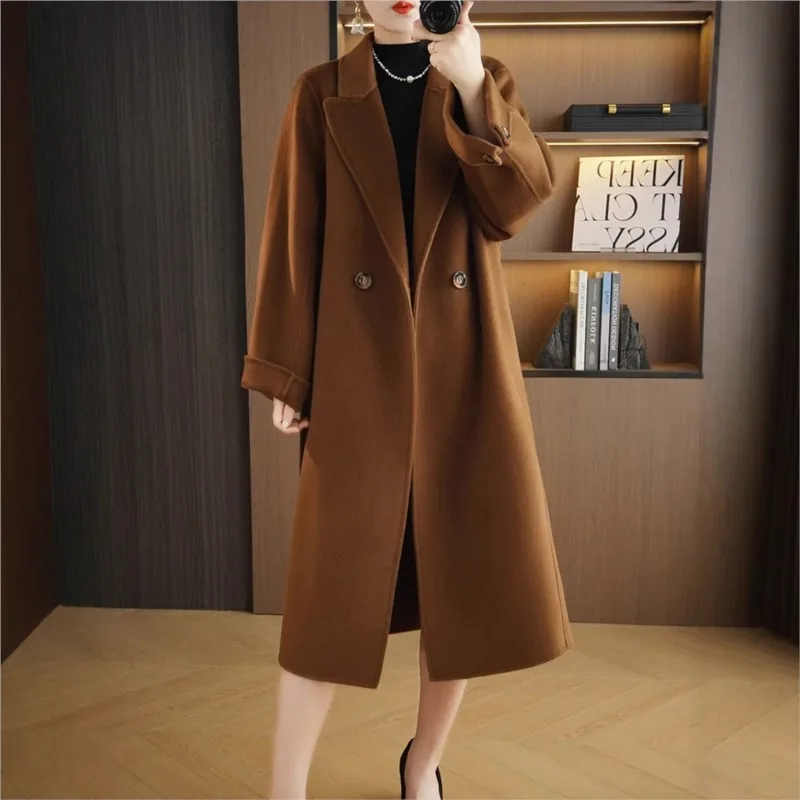 

Новое женское шерстяное пальто большого размера, удлиненное до колен, двустороннее.