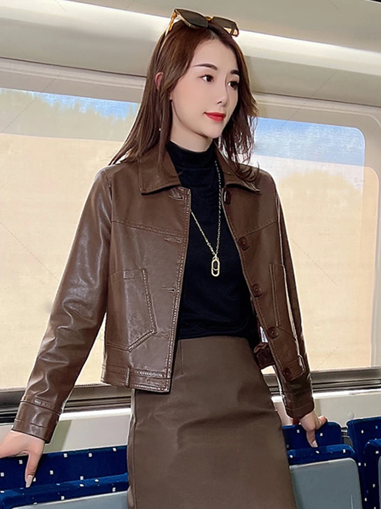 レトロオルトジャエット女性のバイカースレカジュアルスリムフィットレザーコート春秋ファイオン高品質レディースコート