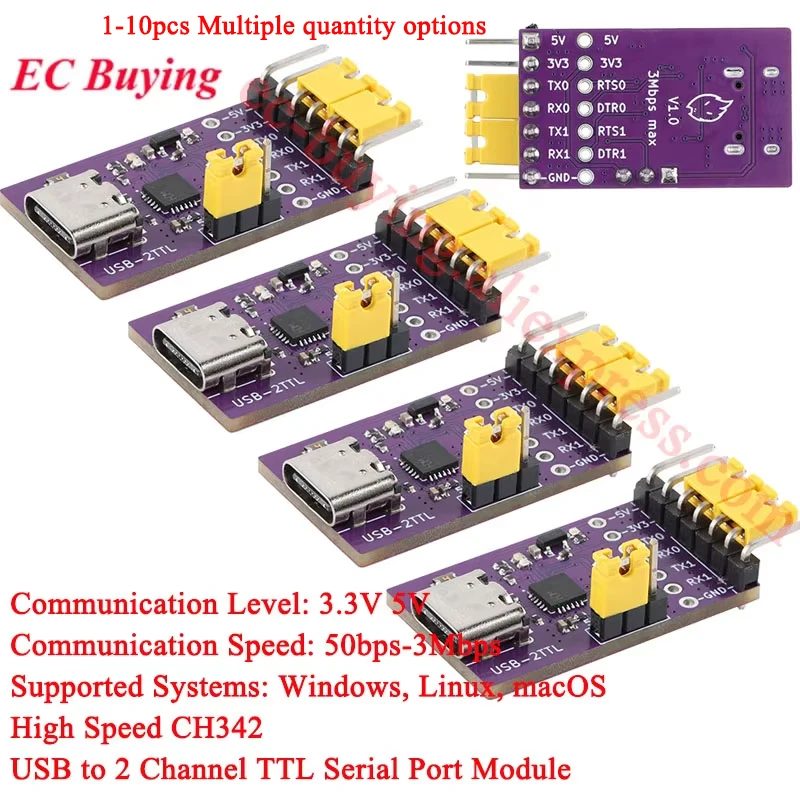 โมดูลแปลงสัญญาณ USB เป็นพอร์ต TTL แบบ 2 ช่องสัญญาณ ชนิด Type-C ความเร็วสูง 50bps-3Mbps ชิป CH342 จำนวน 10 ชิ้น/1 ชิ้น