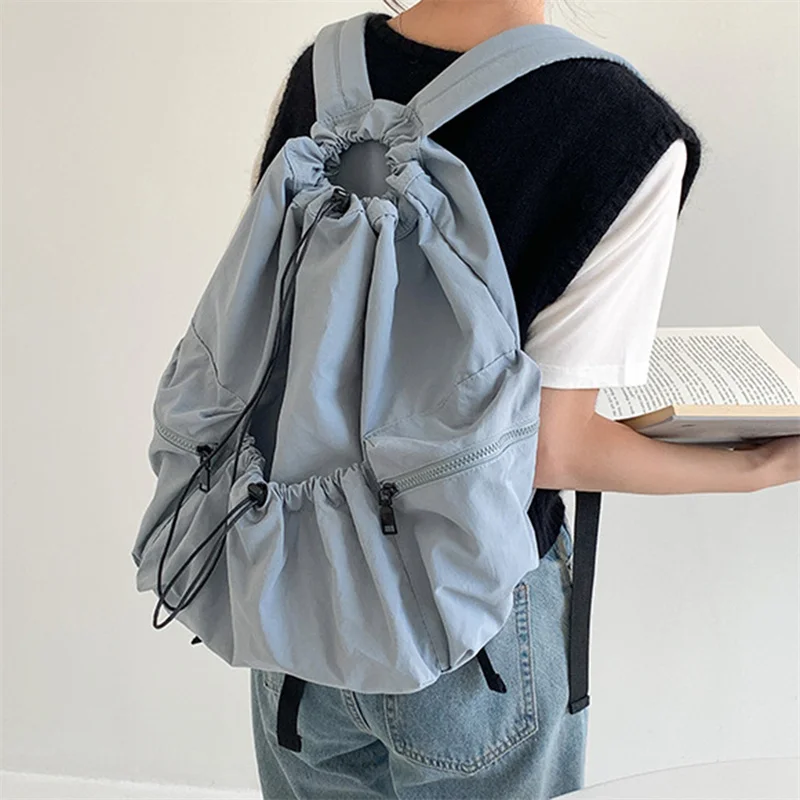 Fashion Ruched Drawsting Backpacks for Women Casual Nylon Lady Backpack Light Weight Students Bag Large Capacity Travel Sac 2024