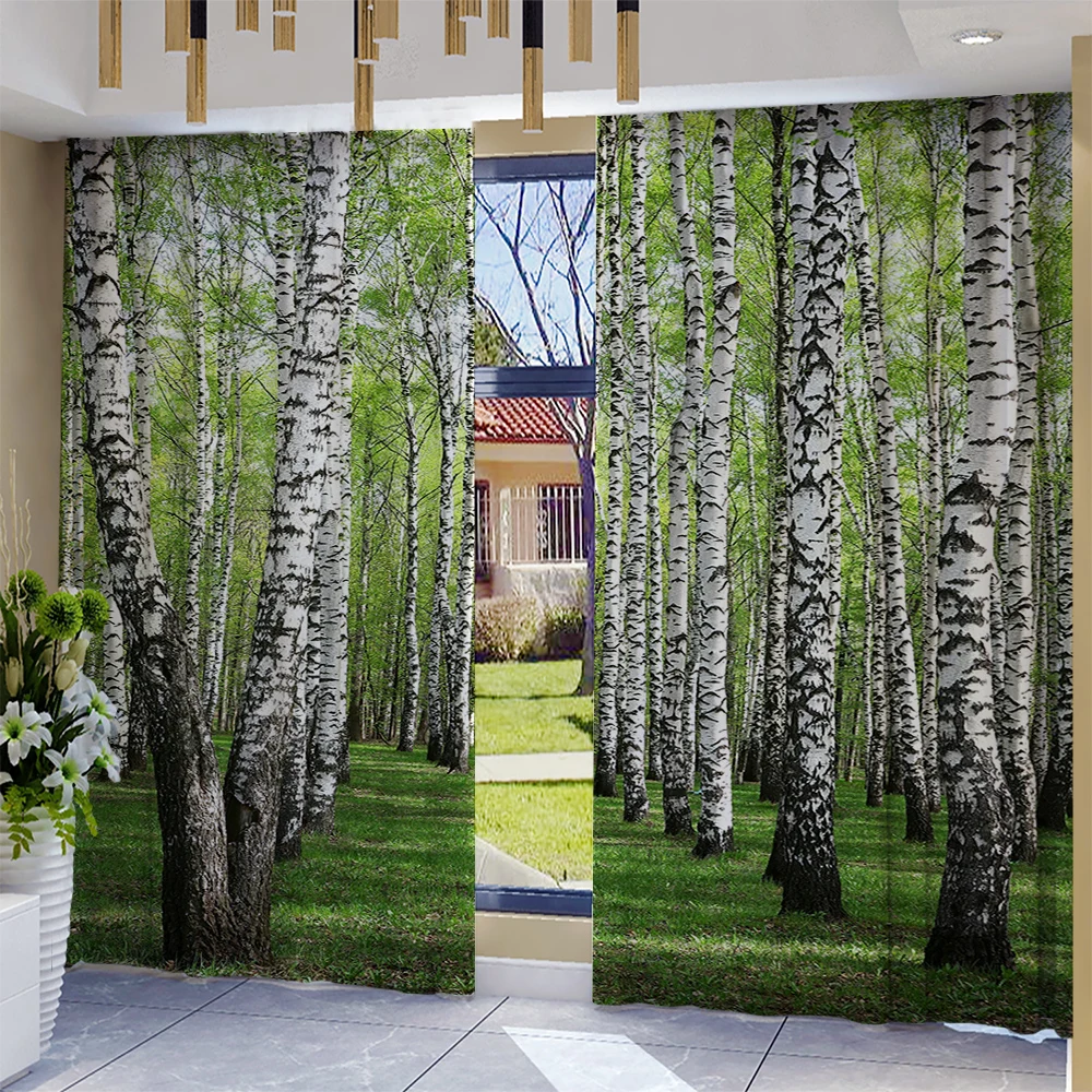 2PC Home Poplar Grove  Curtains With Landscape Background And Pole Pocket Curtains, Kitchen, Coffee Shop, Living Room, Bacony