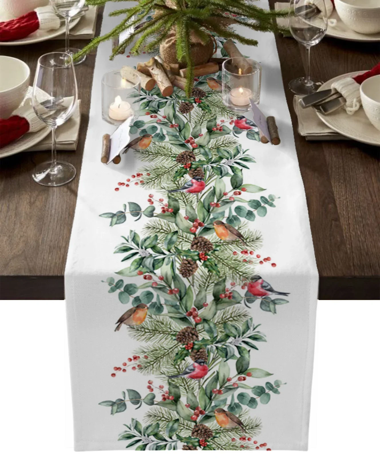 Christmas Pine Needle Cone Berry Leaf Linen Table Runner Winter Xmas Party Decor Washable Dining Table Decor Navidad Decorations