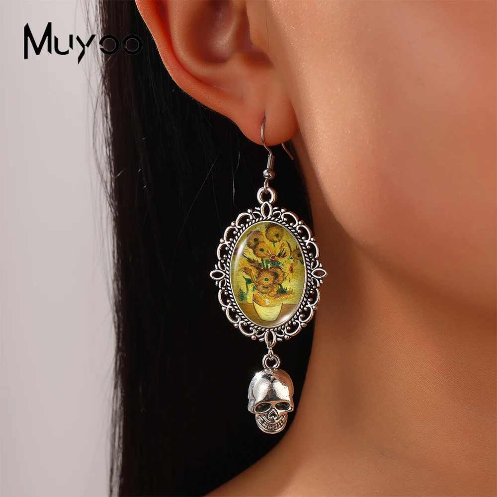 2024 New Arrival Fashion Van Gogh Starry Night Sunflower Oil Paintings  Fish Hook Earrings Handmade Pumpkin Skeleton Dangles