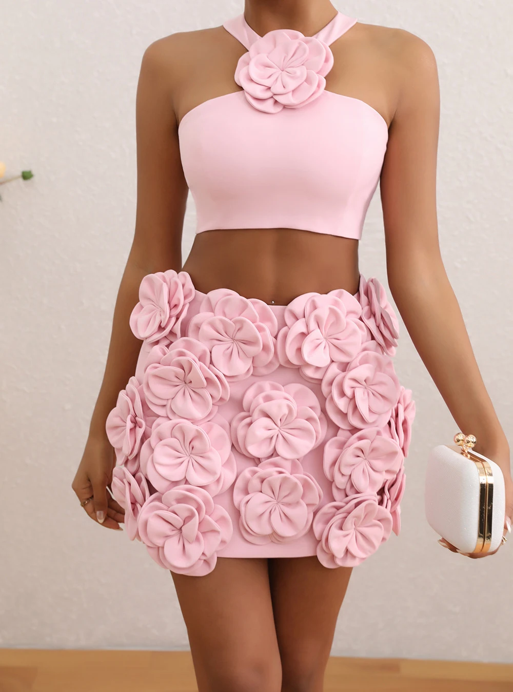 

New sexy suit top halter neck decorated with flowers skirt high-end short skirt two-piece set-GZDL049