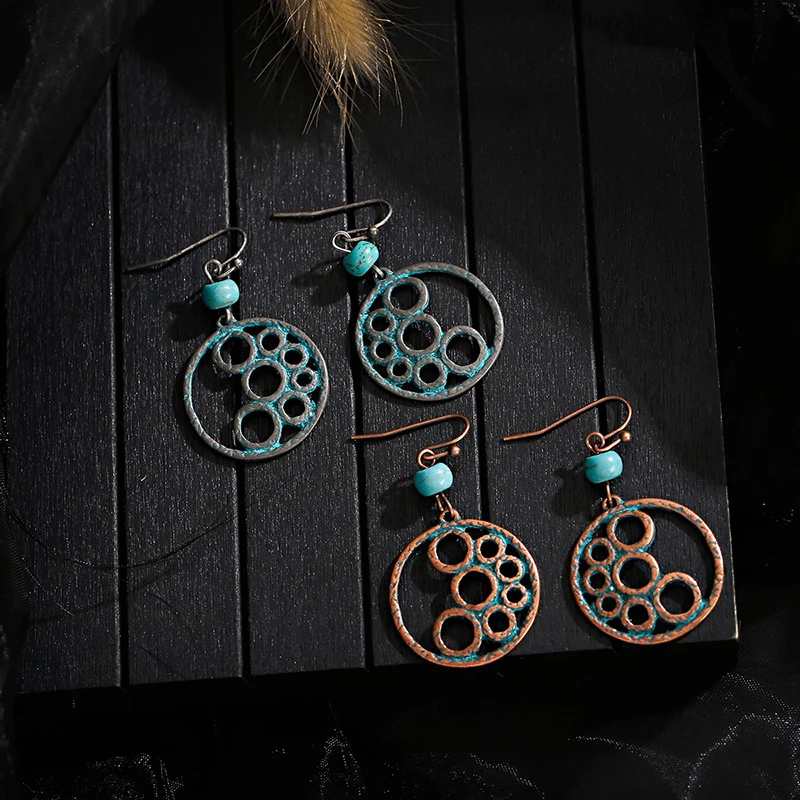 Vintage Turquoises Bird Drop Earrings Female Hollow Flower Ethnic Round Suspension Hanging Earrings Boho Jewelry Accessories