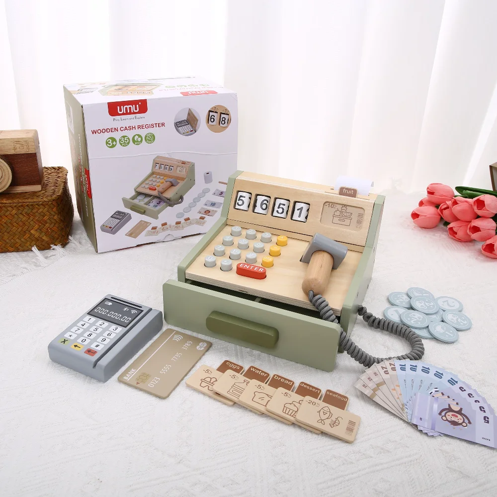ألعاب مسرح خشبية للأطفال، ألعاب منزلية، ماكينة صنع القهوة الخشبية، ألغاز تسجيل النقود الخشبية، التعليم التفاعلي #2