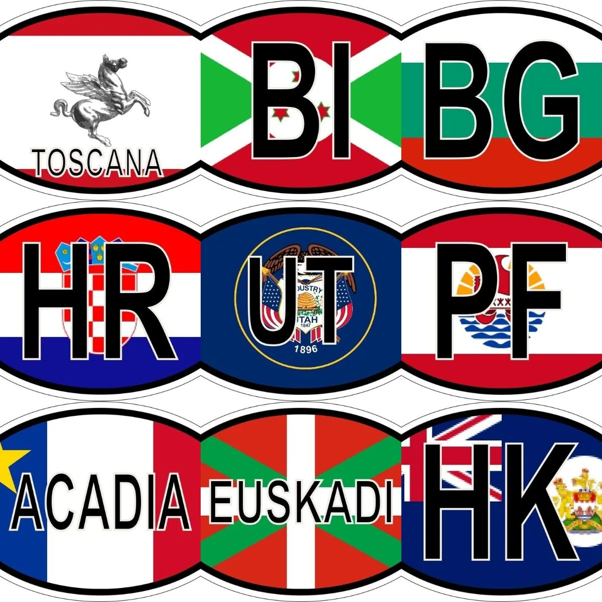 TOSCANA BI Burundi HK HR Croatia PF Polynesia UT Utah ACADIA EUSKADI BG Bulgaria National Flag Code Abbreviation Car Sticker