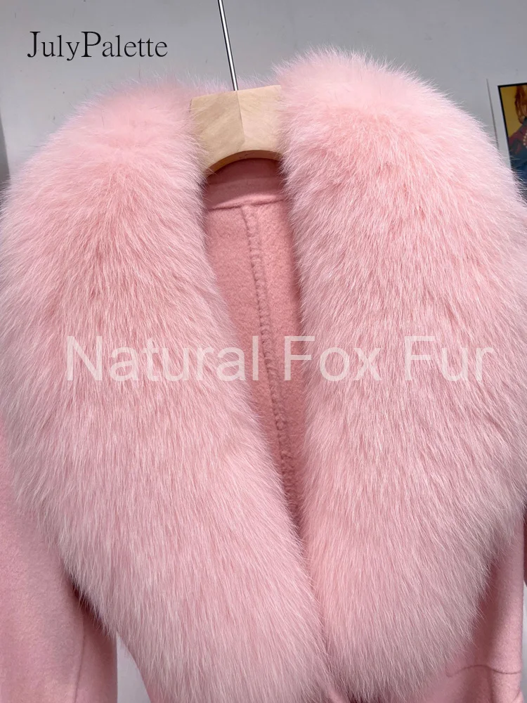 Julypalette White Fox Big Fur Collar Wool Coats Women Natural Fox Fur Coat Winter Warm Midi Length Office Lady Cashmere Outwear