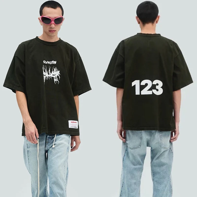 26SS الرجال النساء للجنسين الرسومات شعار طباعة RRR 123 تي شيرت أعلى جودة القطن خمر غسلها الأسود المتضخم RRR123 تي شيرت العلامة