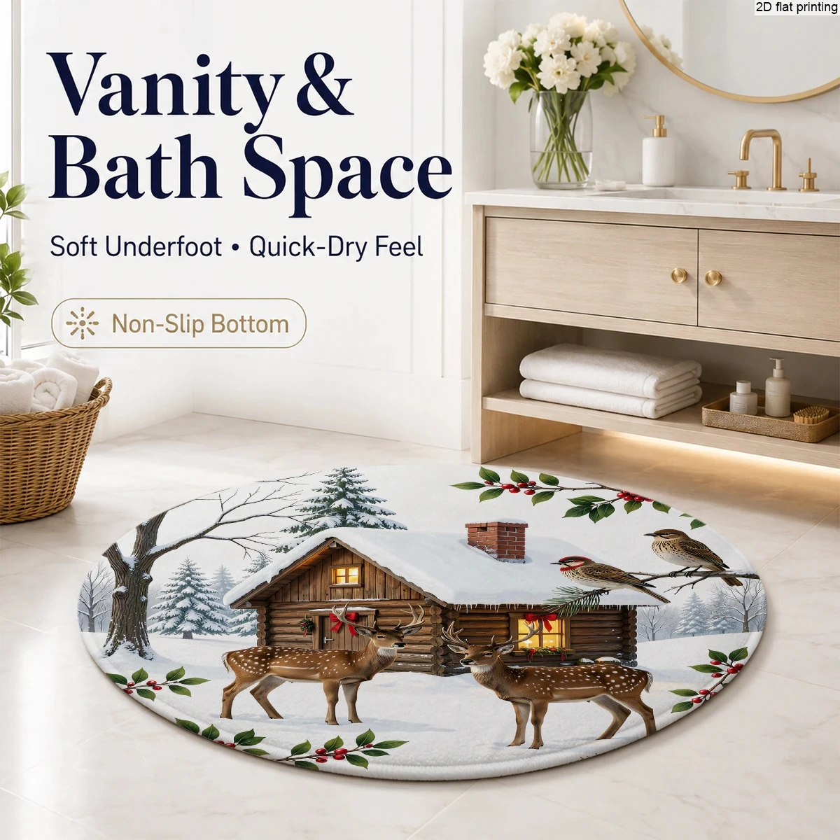 Dy8 (64) Round Small Rug with Christmas Deer, Wooden House, and Snow Scene Prints, 2D Flat Printing Technology, Soft and Skin-Friendly, Easy to Clean, Machine Washable, Non-Slip, Wear-Resistant Backing, Suitable for Bedroom, Living Room, Bathroom, Indoor Floor Decoration, Available in Multiple Sizes, Comfortable to Step on - view 8