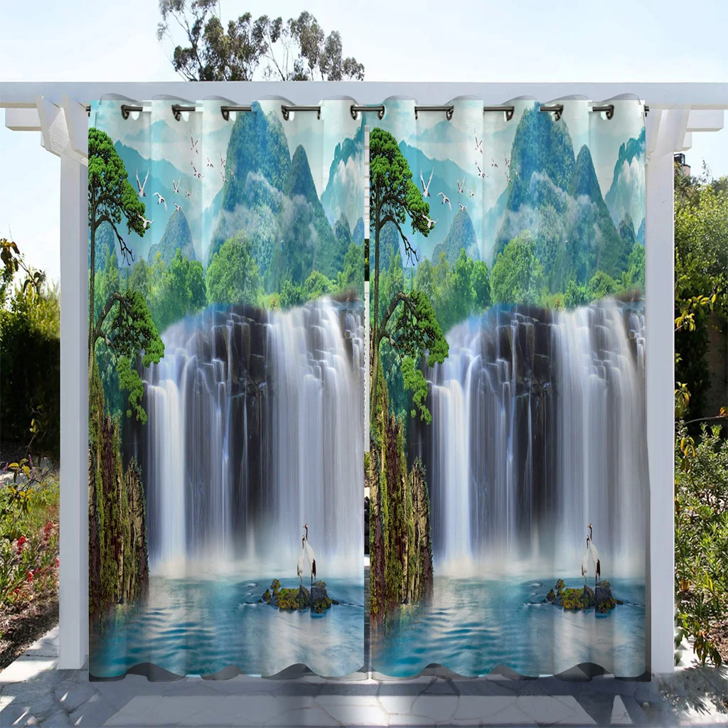 1 pc Outdoor Waterproof And Oil-proofCurtains, Modern Sunshade CurtainStall Road Waterfall Scenery Print Curtain For Living Room