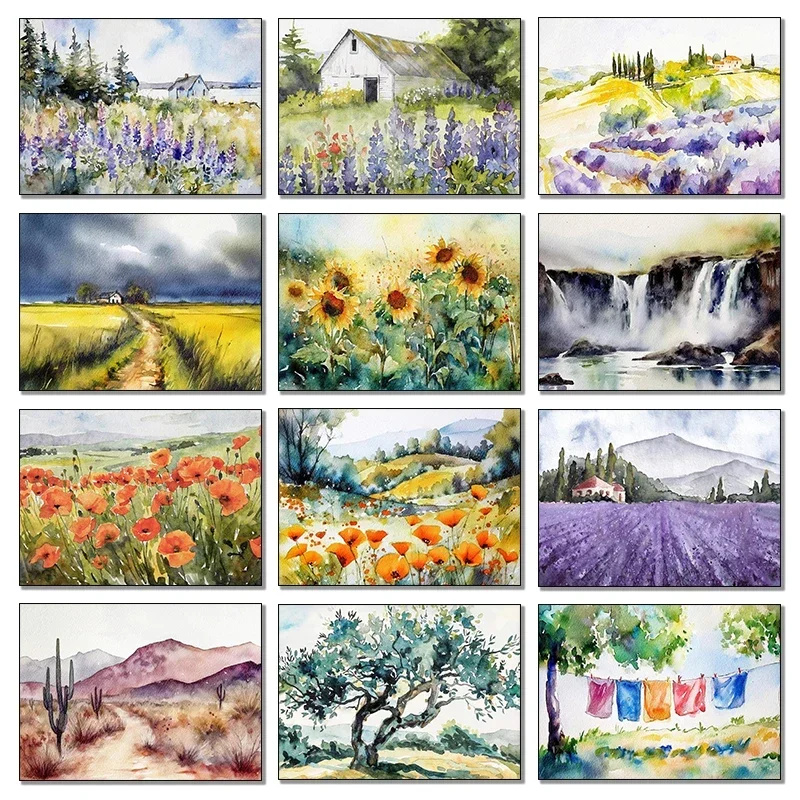 Lila Lavendel Sonnenblume Vintage Landhausstil Aquarell-Illustration Poster Diamantmalerei Wandkunst Bilder Heimdekoration