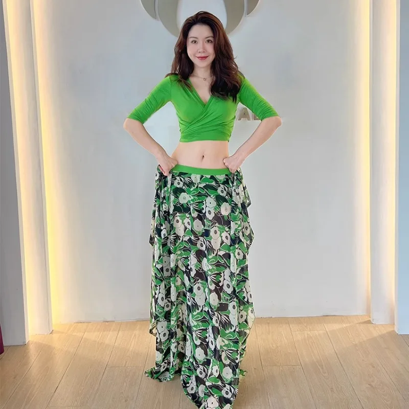 Customized SWEGAL Belly Dance Practice Dress Set Series Tie Top Green Printed Chiffon Big Swing Skirt Oriental Dance Large Size