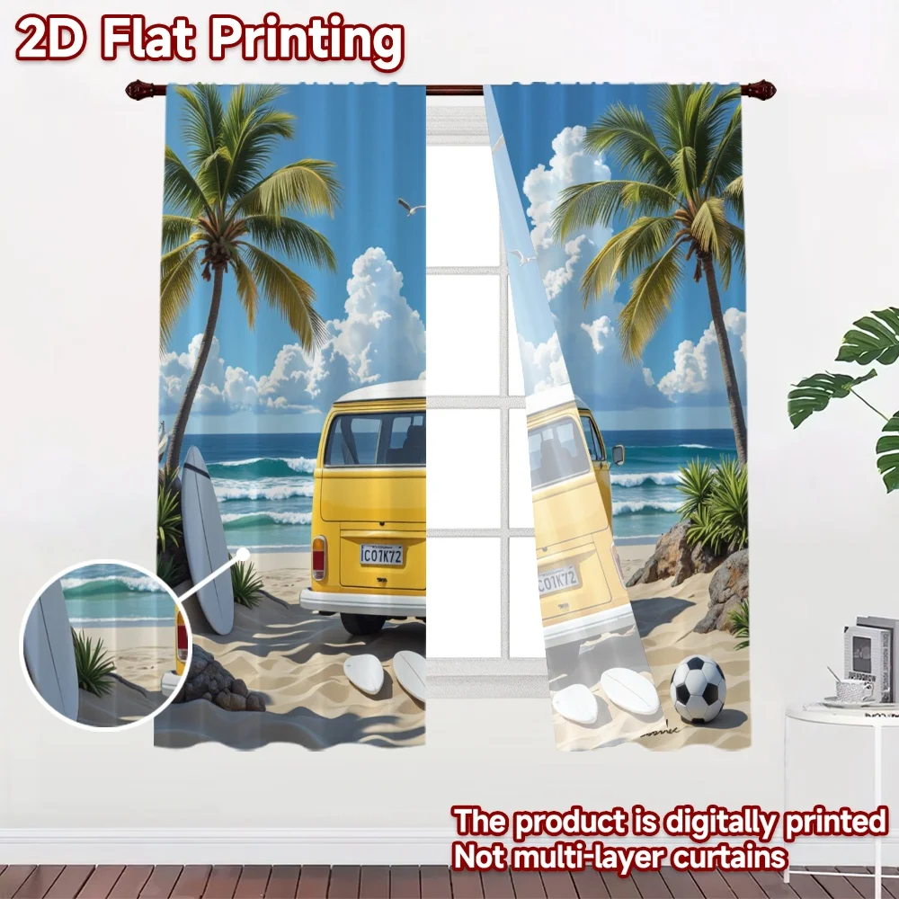 2D flat 2pcs Curtain Country Style Yellow Van Beach Scene Digitally printed polyester Birthday Party Perfect for Drapes for